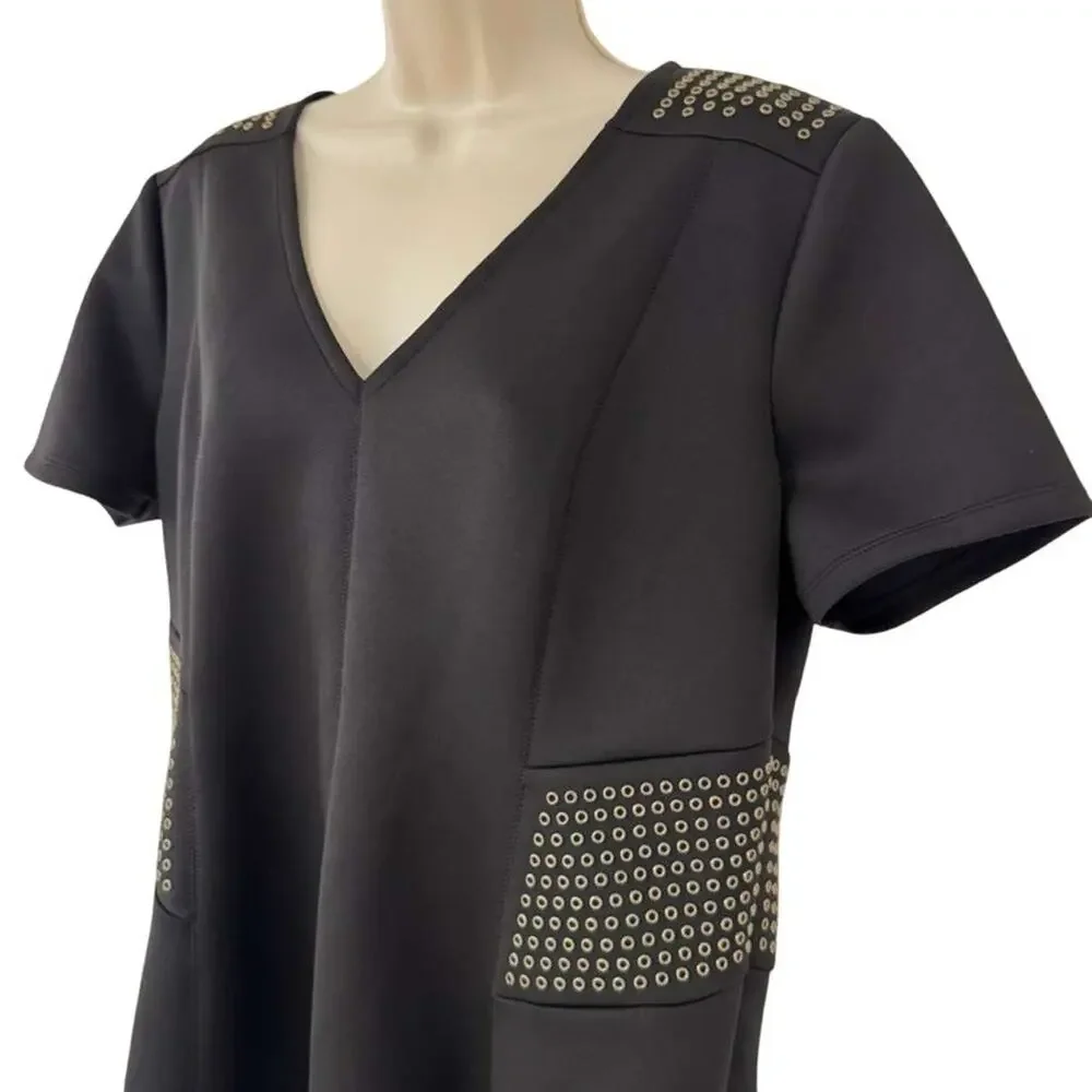 Michael Kors Womens Black Scuba Knit Studded V-Neck Mini Dress Stretch sz XL